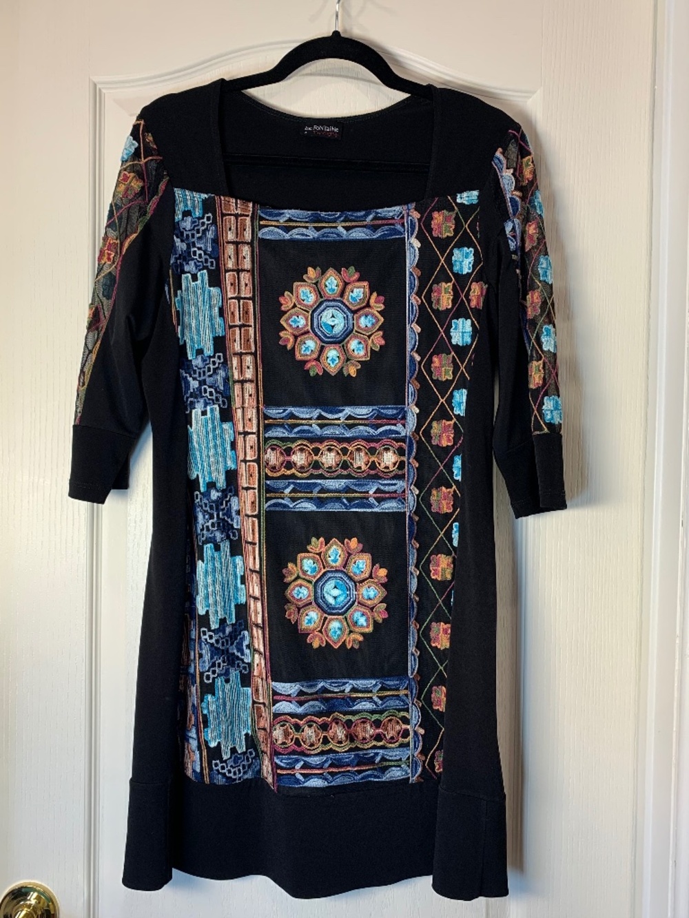 Embroidered‎ Black Dress Sheer Sleeves Statement Art Piece Luc Fontaine Designer